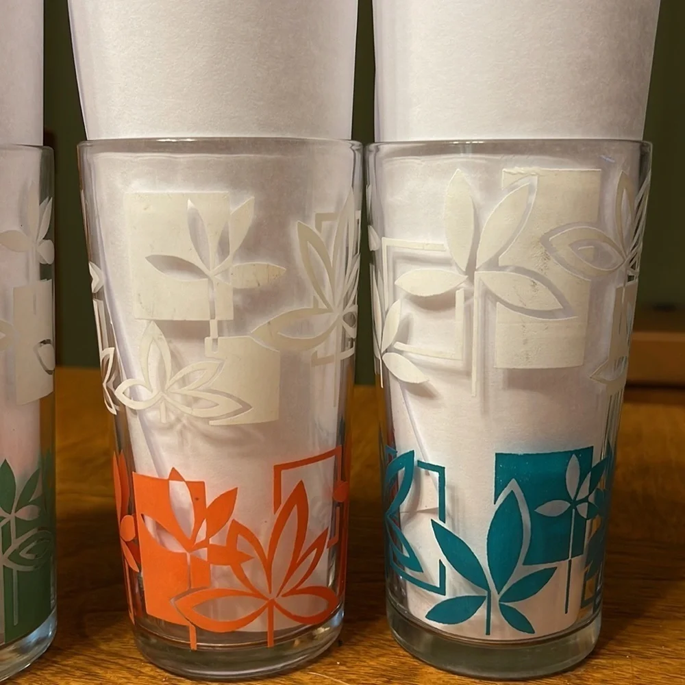 Vintage MCM Highball Tiki Juice Glass Set Peanut Butter Tiki Floral Barware Set